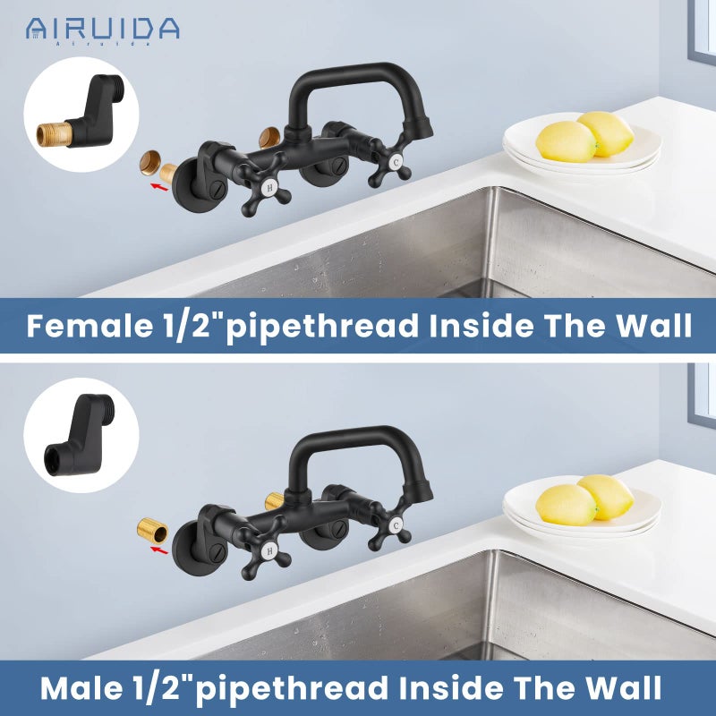 Airuida Matte Black Wall Mount Kitchen Faucet, 6 Inch(15cm) Spout Wall Mount Laundry Sink Faucet, Adjustable Center Double Handles Hot and Cold Water Mixer Tap 360 Rotatable Restaurant Faucet - Image 4